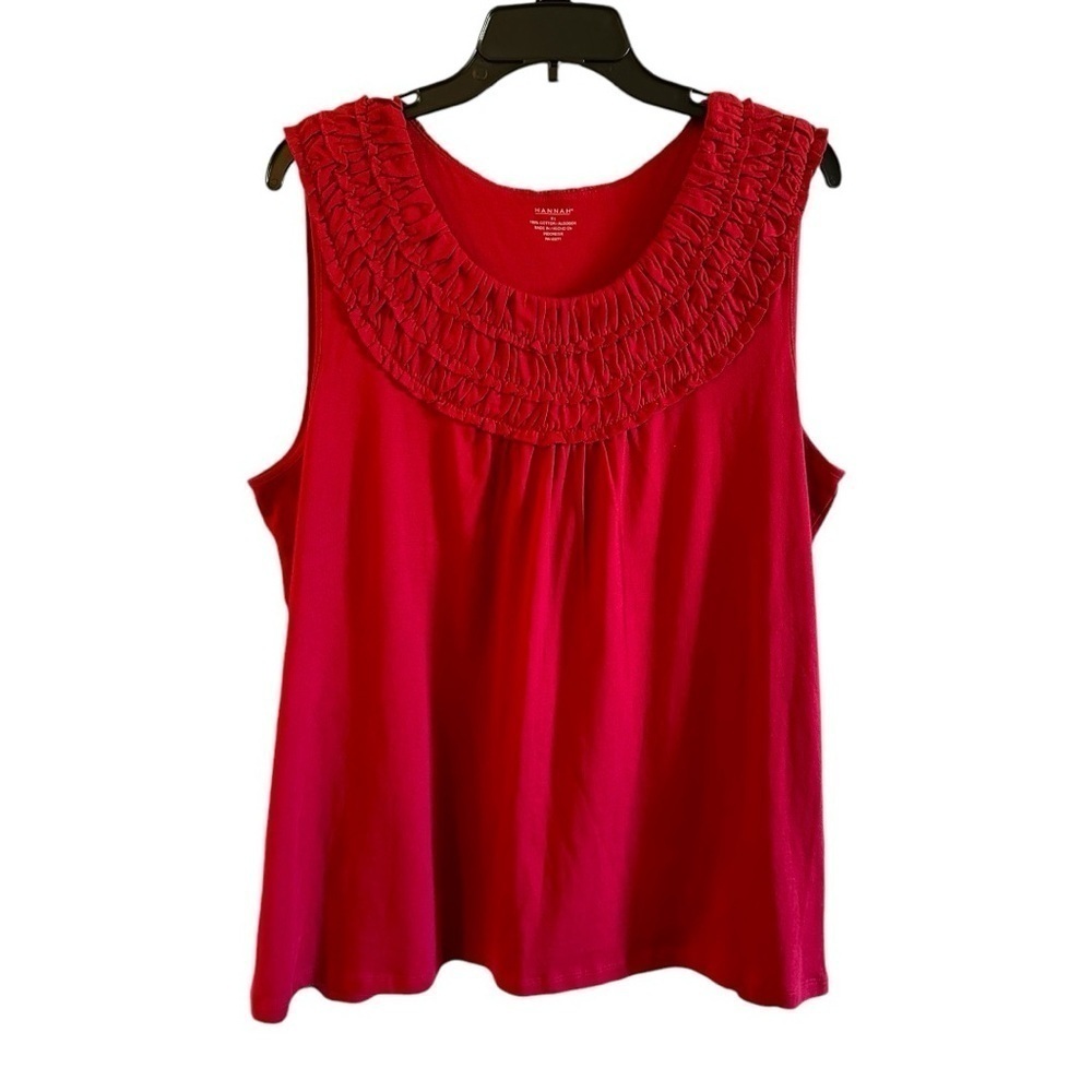 HANNAH,DEEP RED,SLEEVELESS TANK TOP. ROUND NECKLINE WITH LAYERED RUFFLES.SIZEXL - Picture 2 of 6